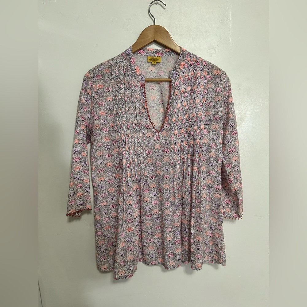 Roberta Roller Rabbit Floral Blouse Beaded Hem Long Sleeve Top Small